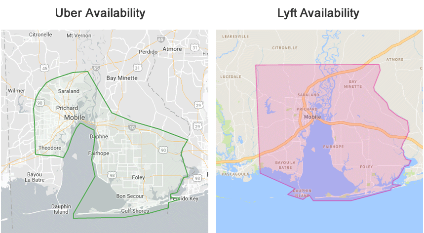 Uber and Lyft service areas in Mobile, Alabama