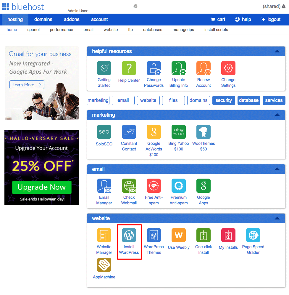 Installing wordpress on Bluehost