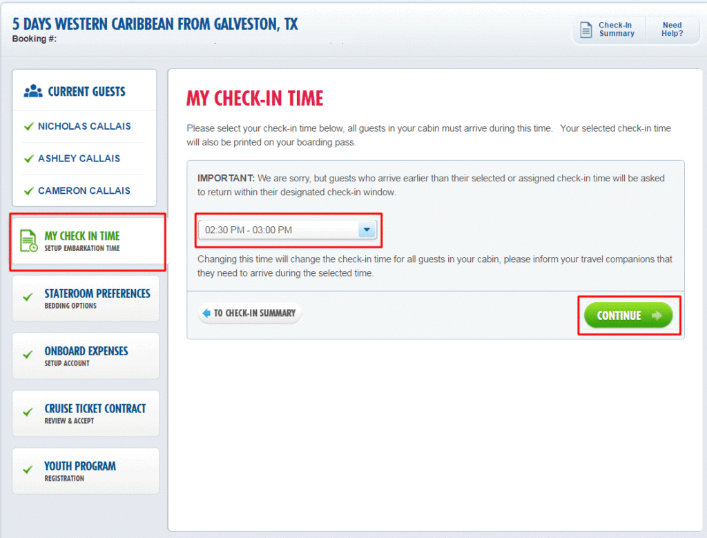 Carnival check-in time page