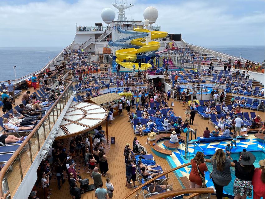 Busy pool deck at sea