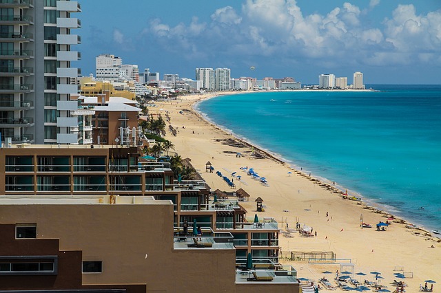 Hotels lining the beach in Cancun, Mexico