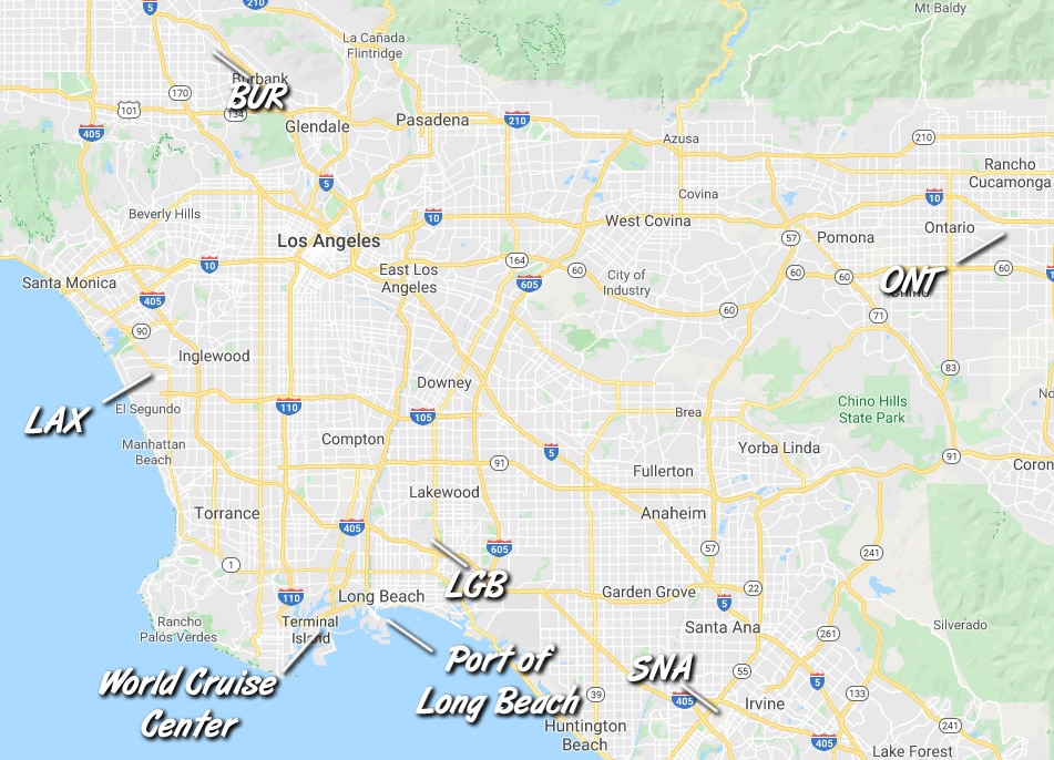 Map of Los Angeles cruise ports and airports