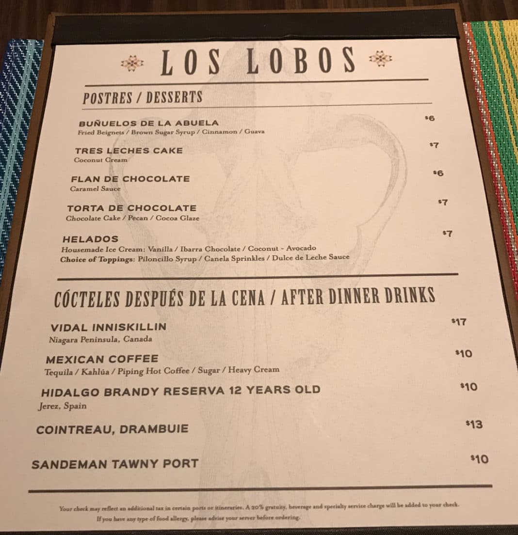 Los Lobos Full Menu with Prices (Norwegian Specialty Restaurant