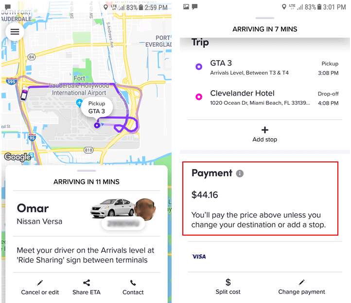 Lyft receipt from Fort Lauderdale to Miami