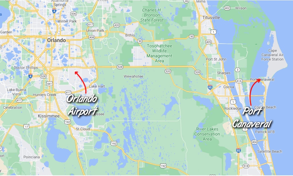 Map showing location of Port Canaveral and Orlando Airport