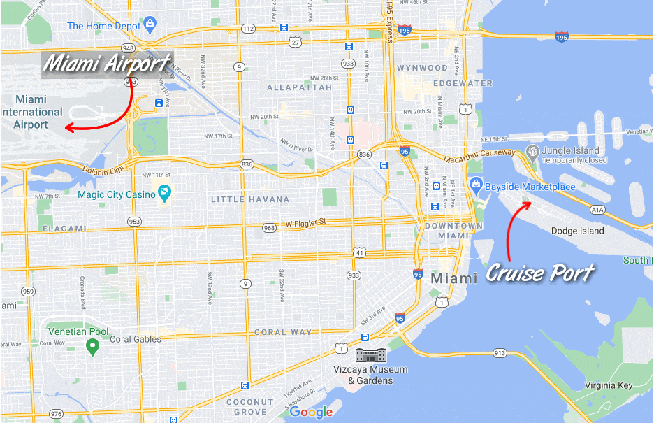 Map showing Miami airport in relation to the cruise port.