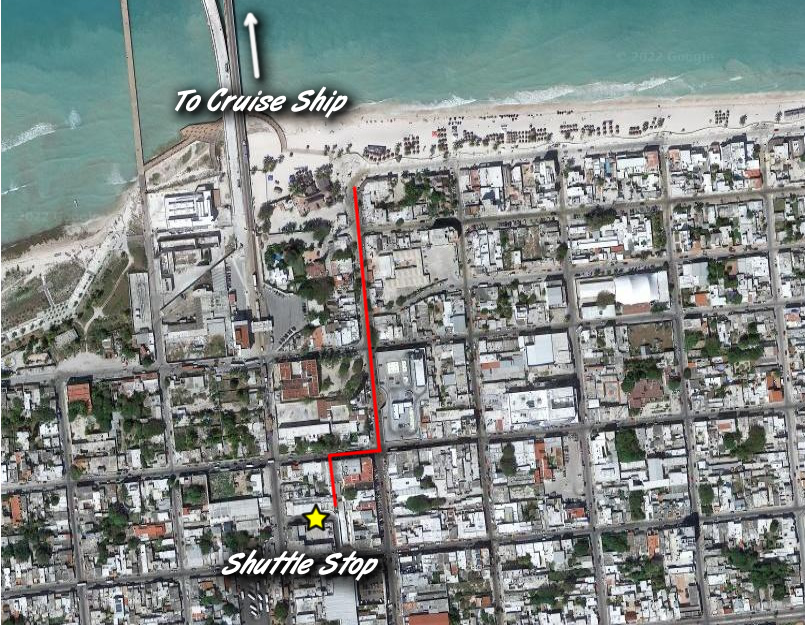 Map showing the route from shuttle stop to beach in Progreso.