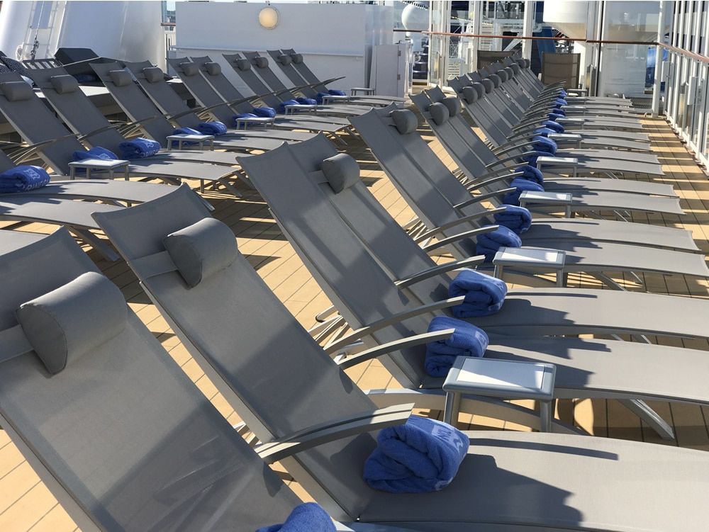 Empty deck chairs on a cruise ship