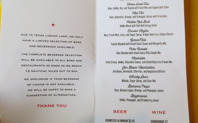 Texas limited beer menu