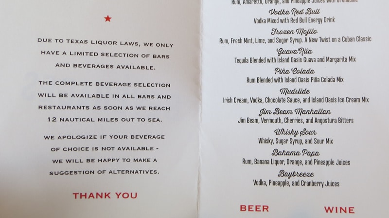 Drink menu for Texas cruises