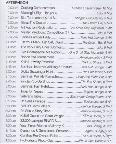 Schedule for afternoon on Carnival ship